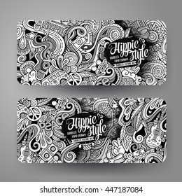 Cartoon sketchy line art vector hand drawn doodles hippie corporate identity. 2 Horizontal banners design. Templates set