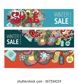 Cartoon sketchy vector Doodle cards on the subject of Winter sale. Horizontal banners design templates set in colorful variations