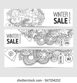 Cartoon sketchy vector Doodle cards on the subject of Winter sale. Horizontal banners design templates set in black and white colors