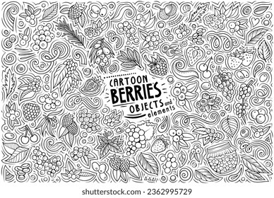 Cartoon sketchy vector doodle set features a variety of Berry fruits objects and symbols. The Berries collection has a whimsical, playful feel. Perfect for various projects.