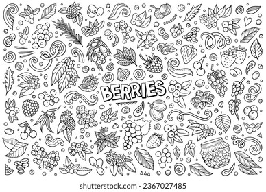 Cartoon sketchy vector doodle set features a variety of Berry fruits objects and symbols. The Berries collection has a whimsical, playful feel. Perfect for various projects.