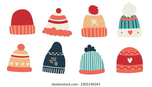 Cartoon ski skate winter sports silhouette knitted cap hat clothes Merry christmas new year seasonal warm wool  decorated with pom pom, snowflake set collection, mistletoe.
