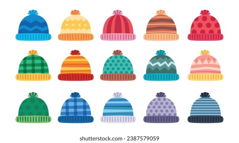 Cartoon ski skate winter sports silhouette knitted cap hat clothes Merry Christmas new year seasonal warm wool decorated with pom pom, snowflake set collection, mistletoe.