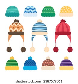 Cartoon ski skate winter sports silhouette knitted cap hat clothes Merry Christmas new year seasonal warm wool decorated with pom pom, snowflake set collection, mistletoe.