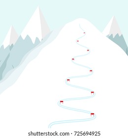 Cartoon ski track on snow mountain. Skiing trace with flags.  Flat vector illustration.