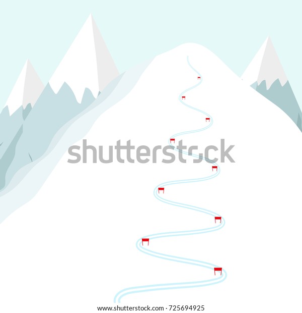 Cartoon ski track on snow mountain. Skiing\
trace with flags.  Flat vector\
illustration.