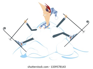 Cartoon skier and a big snowdrift illustration. Cartoon skier appears from the big snowdrift illustration
