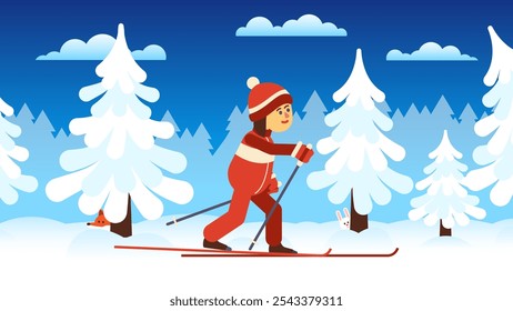 Cartoon skier girl skiing in winter landscape. Woman in red outfit skis through a snowy forest. Vector illustration