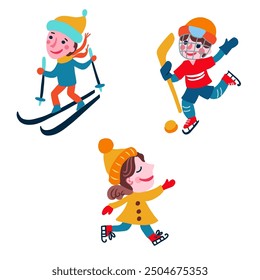 Cartoon skier guy, hockey player, skater, Kid skiing, cute little boys and girl character in motion isolated on white, vector flat illustration, winter sport downhill, Mountain skiing sportsmans