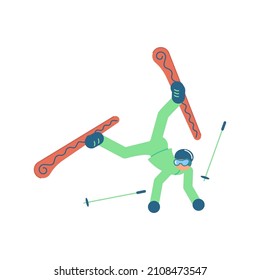 Cartoon skier has drop incident isolated on white background. Mountain skiing sportsman character with goggles and ski suit fell down