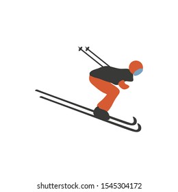 Cartoon skier isolated on white background, Mountain skiing colorful sportsman character, Young man on skis vector illustration flat style, decorative icon for design winter greeting card, logo