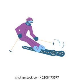 Esquiador de caricaturas en movimiento aislado en un fondo blanco. Carácter deportista de esquí de montaña con gafas y traje de esquí. Ilustración vectorial de arte plano.