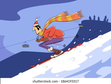 Cartoon skier riding down the mountain. Vector illustration.