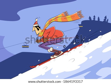 Cartoon skier riding down the mountain. Vector illustration.