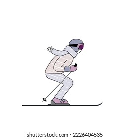 cartoon skier, winter activities, skiing, pencil drawn style sketch, vector illustration, skiing sportsman character in ski suit