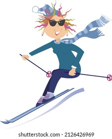 Cartoon skier woman illustration. 
Winter sport. Young skier woman in sunglasses isolated on white background
