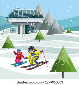 Cartoon skiers on ski lift station on the top of the mountain