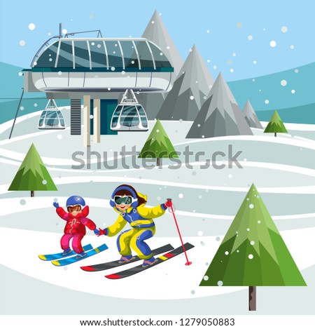Cartoon skiers on ski lift station on the top of the mountain