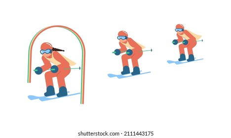 Cartoon skiers in ski school isolated on white background. Mountain skiing sportsman character with goggles and ski suit. Flat Art vector Illustration.