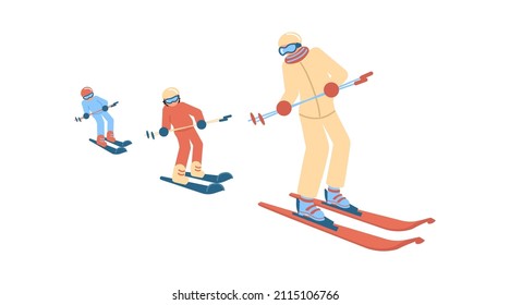 Cartoon skiers in ski school isolated on white background. Mountain skiing sportsman character with goggles and ski suit. Flat Art vector Illustration.