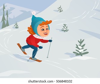 Cartoon skiing girl on snowy hill. Cute smiling happy child on ski in the winter mountains valley. Mountain glacier landscape. Idea to enjoy winter holidays outdoors sport. Vector Illustration.