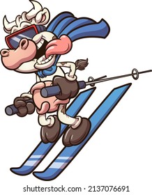 Cartoon skiing super cow with tongue out. Vector clip art illustration with simple gradients. All on a single layer.

