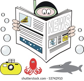 Cartoon of skin diver reading newspaper underwater with bubbles, camera and fish.