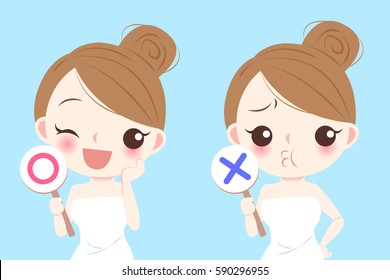 cartoon skincare woman take circlle and cross board