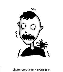 Cartoon skittish man hates and fears of huge poisonous tarantulas, which cause him fear, trembling and unpleasant associations, even if the spider are decoration on halloween or someone's bad joke