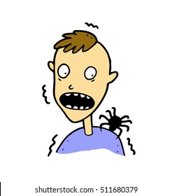 Cartoon skittish man hates and fears of huge poisonous tarantulas, which cause him fear, trembling and unpleasant associations, even if the spider are decoration on halloween or someone's bad joke