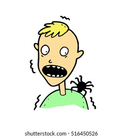 Cartoon skittish man hates and fears of huge poisonous tarantulas, which cause him fear, trembling and unpleasant associations, even if the spider are decoration on halloween or someone's bad joke