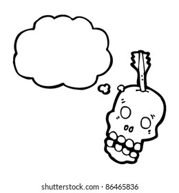 cráneo de caricatura con flecha y burbuja de pensamiento,