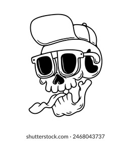 Calavera de dibujos animados con gorra de béisbol y gafas de sol. Ilustración vectorial