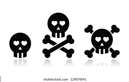 Cartoon skull with bones and hearts vector icon set