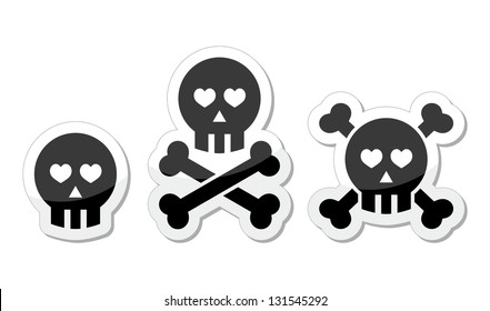 Cartoon skull with bones and hearts vector icon set