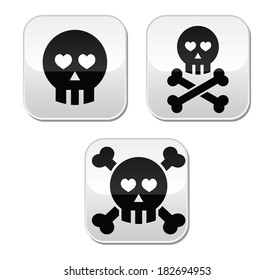 Cartoon skull with bones and hearts vector buttons set 