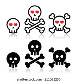 Cartoon skull with bones and hearts vector icon set
