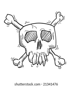 Cartoon skull with bones on white background