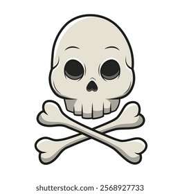 Cartoon skull with bones on white background. Cross made of bones, sign of pirates. Human bone icon. Vector logo isolated