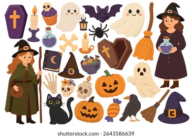 Cartoon skull, bones and skeleton hand. Flat vector illustration on white background for Halloween.