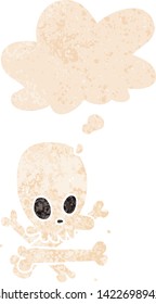 cartoon skull and bones with thought bubble in grunge distressed retro textured style