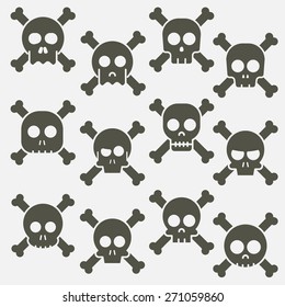 Cartoon skull with bones vector icon set 