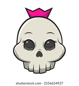 Cartoon skull with bow on white background. Cute skeleton head. Human bone icon. Vector logo isolated