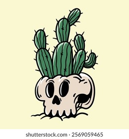Cartoon skull with cactus vector illustration