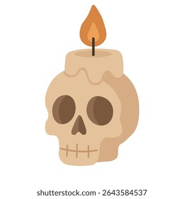 Cartoon skull with candle and flame. Flat spooky vector illustration on white background for Halloween.