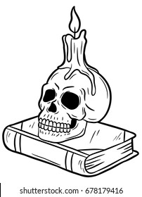 Cartoon Skull With Candle On Book Line Art