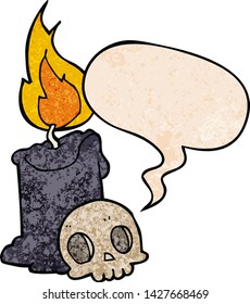 cartoon skull and candle with speech bubble in retro texture style