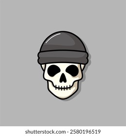 Cartoon skull character in black fabric hat. Cool skull with expression smile. Sticker collection can be use as logo, symbol, icon.