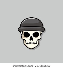 Cartoon skull character in black snapback hat. Cool skull with expression angry. Sticker collection can be use as logo, symbol, icon.