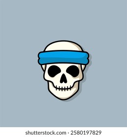 Cartoon skull character in Blue 
HEAD STRAP. Cool skull with expression Smile. Sticker collection can be use as logo, symbol, icon.